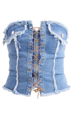PrettyLittleThing Corsets*Frayed Detail Lace Up Denim Corset