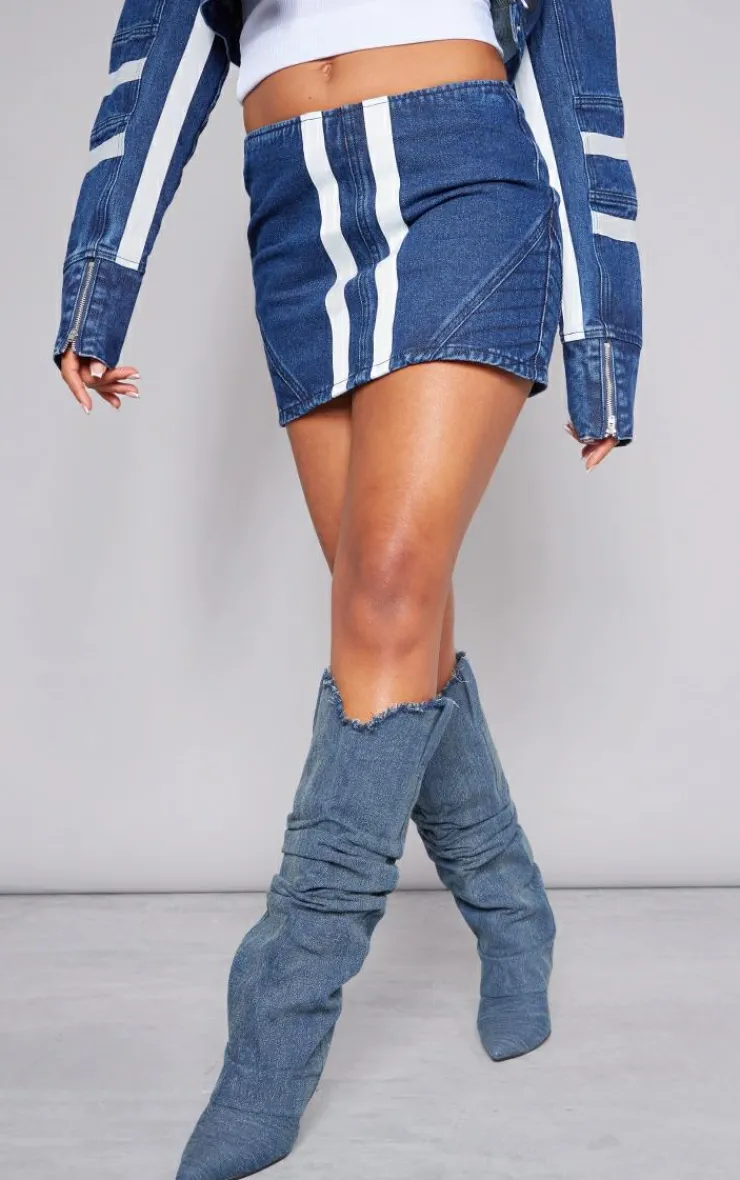 Hot PrettyLittleThing Graphic Panelled Denim Mini Skirt Mid Blue Wash