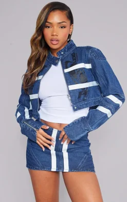Hot PrettyLittleThing Graphic Panelled Denim Mini Skirt Mid Blue Wash