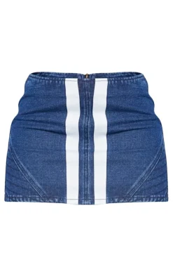 Hot PrettyLittleThing Graphic Panelled Denim Mini Skirt Mid Blue Wash