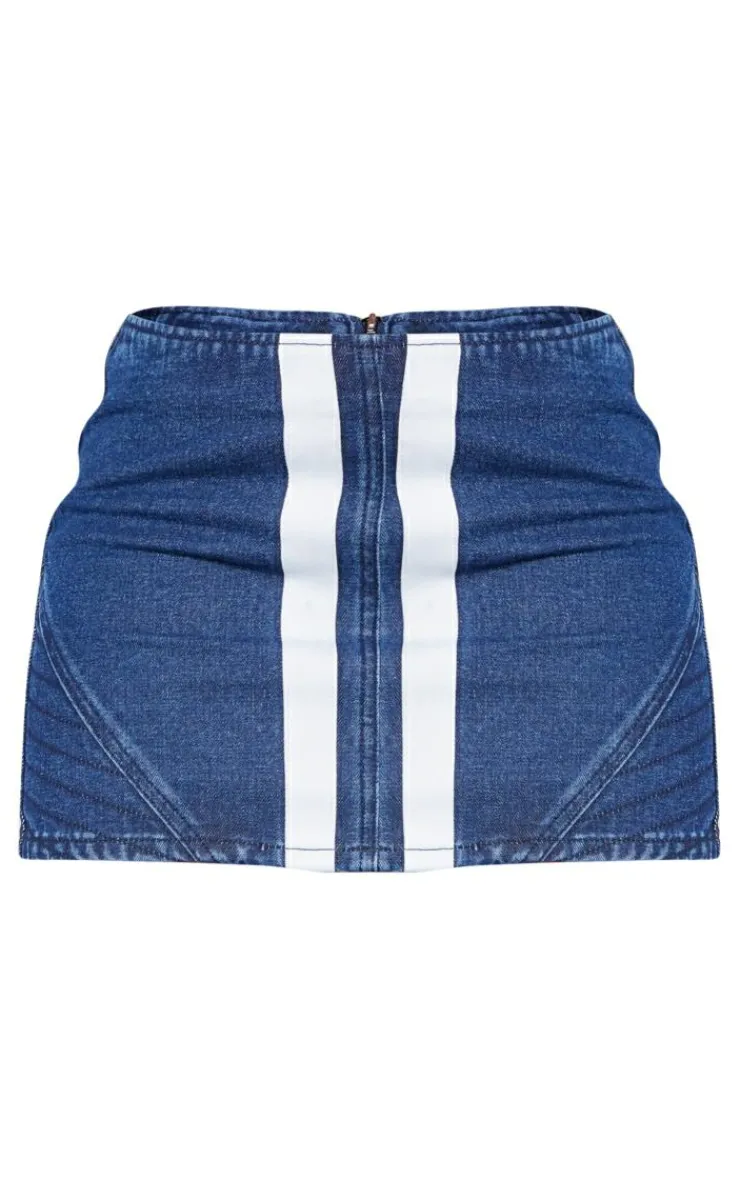 Hot PrettyLittleThing Graphic Panelled Denim Mini Skirt Mid Blue Wash