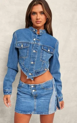 Online PrettyLittleThing Hanky Hem Cropped Denim Jacket Mid Blue Wash