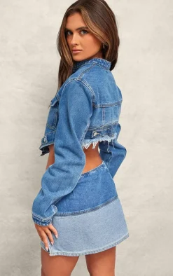 Online PrettyLittleThing Hanky Hem Cropped Denim Jacket Mid Blue Wash