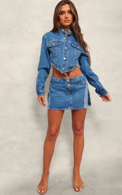 Online PrettyLittleThing Hanky Hem Cropped Denim Jacket Mid Blue Wash