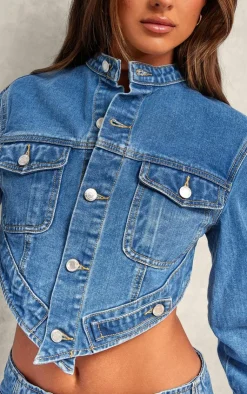 Online PrettyLittleThing Hanky Hem Cropped Denim Jacket Mid Blue Wash