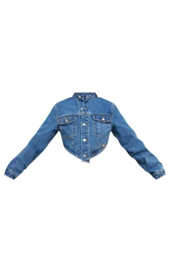 Online PrettyLittleThing Hanky Hem Cropped Denim Jacket Mid Blue Wash