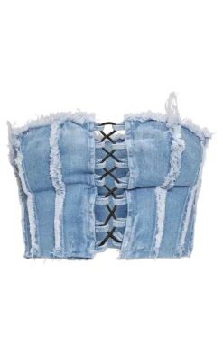 Lace Front Distressed Edge Denim Bandeau Top-PrettyLittleThing Best