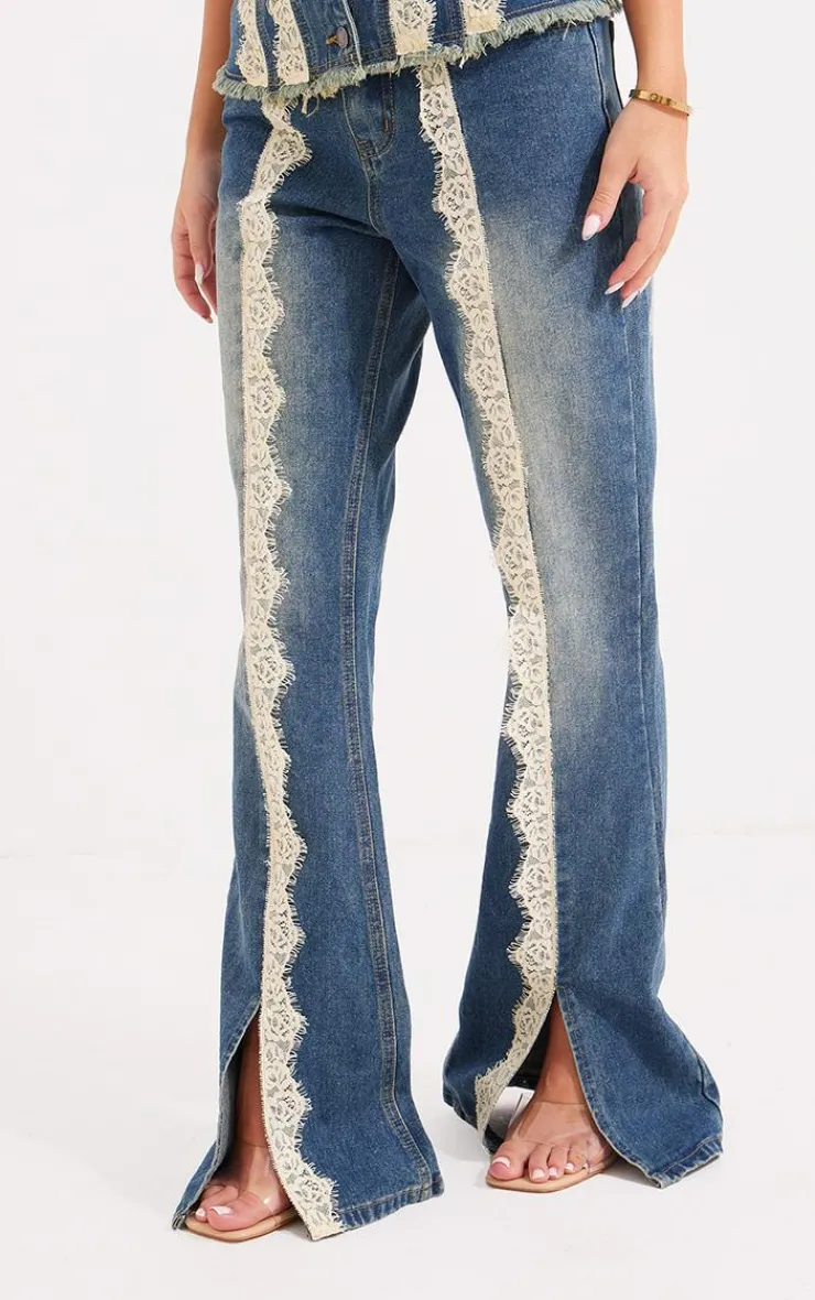 Lace Trim Frayed Edge Flared Denim Jeans-PrettyLittleThing Outlet