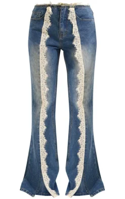 Lace Trim Frayed Edge Flared Denim Jeans-PrettyLittleThing Outlet