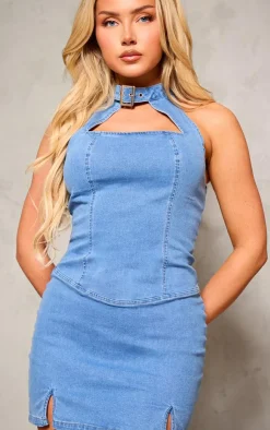 Neck Detail Denim Mini Dress-PrettyLittleThing Sale