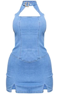 Neck Detail Denim Mini Dress-PrettyLittleThing Sale
