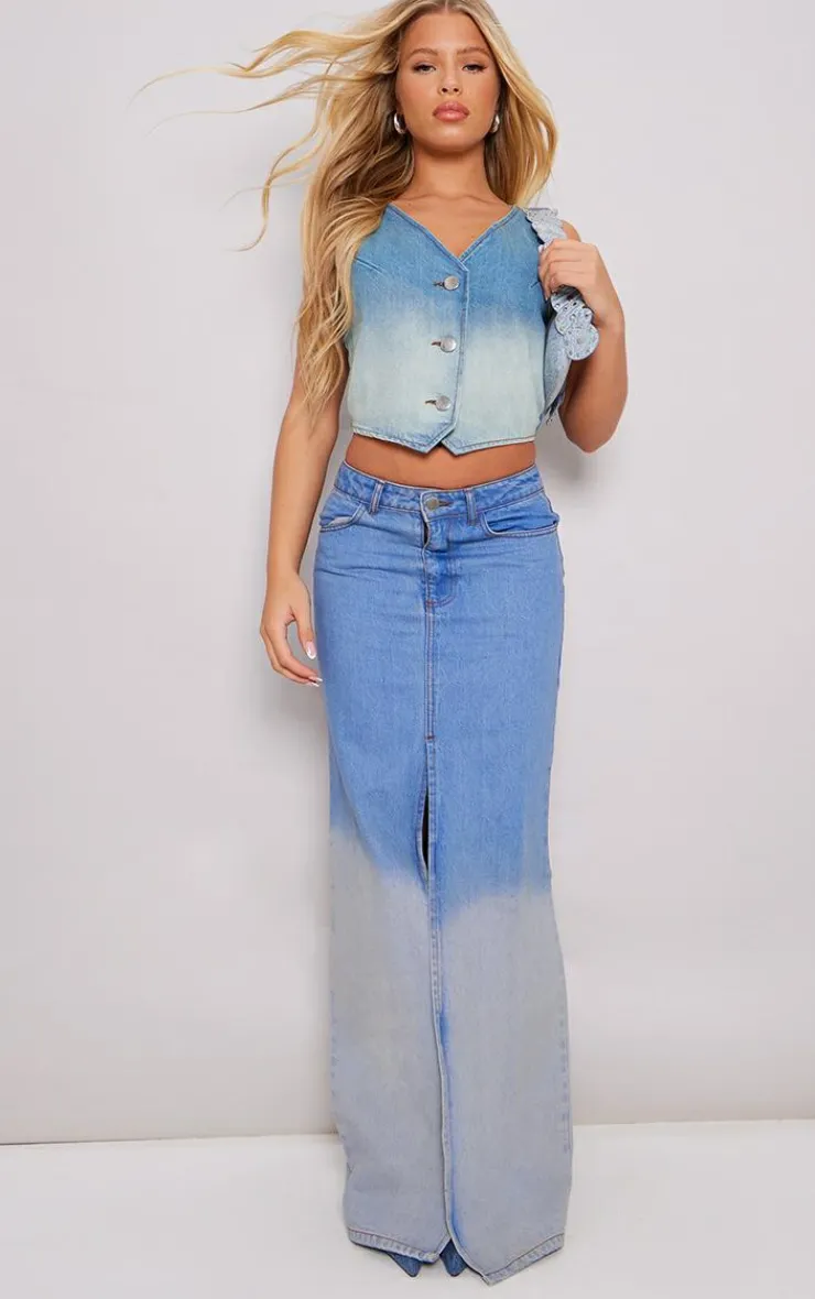 Hot PrettyLittleThing Ombre Denim Maxi Skirt Mid Blue Wash