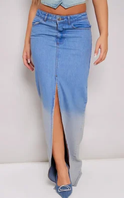 Hot PrettyLittleThing Ombre Denim Maxi Skirt Mid Blue Wash