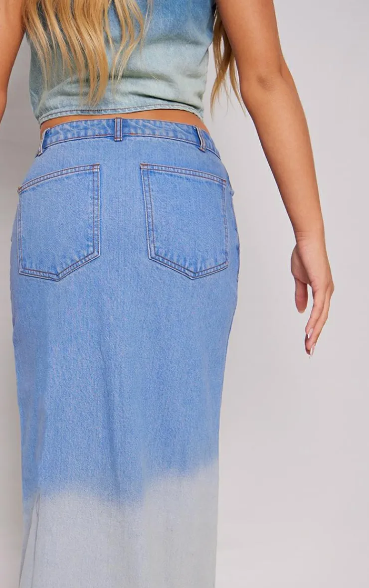 Hot PrettyLittleThing Ombre Denim Maxi Skirt Mid Blue Wash