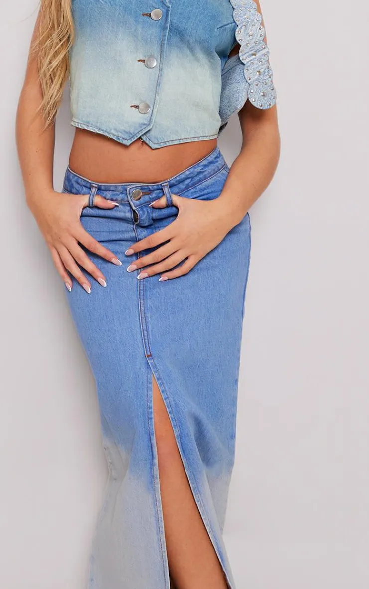 Hot PrettyLittleThing Ombre Denim Maxi Skirt Mid Blue Wash