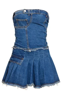 Raw Edge Pleated Bandeau Denim Mini Dress-PrettyLittleThing Outlet