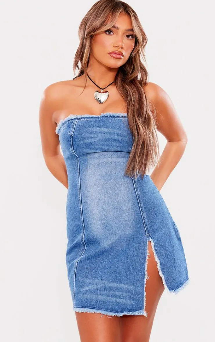 Mid Blue Wash Raw Edge Split Detail Denim Bandeau Mini Dress-PrettyLittleThing Online