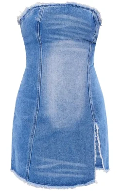 Mid Blue Wash Raw Edge Split Detail Denim Bandeau Mini Dress-PrettyLittleThing Online