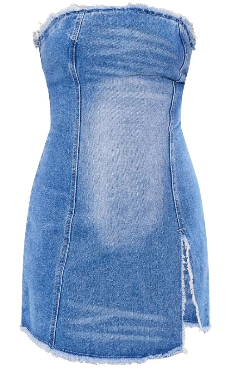 Mid Blue Wash Raw Edge Split Detail Denim Bandeau Mini Dress-PrettyLittleThing Online