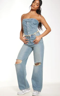 Mid Blue Wash Raw Edge Wide Leg Jeans