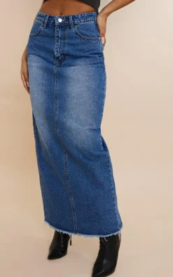 Mid Blue Wash Raw Hem Denim Maxi Skirt