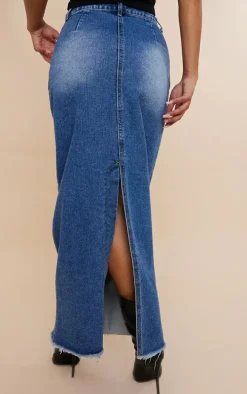 Mid Blue Wash Raw Hem Denim Maxi Skirt