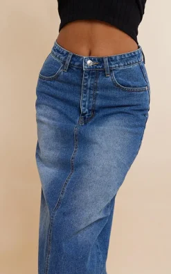 Mid Blue Wash Raw Hem Denim Maxi Skirt