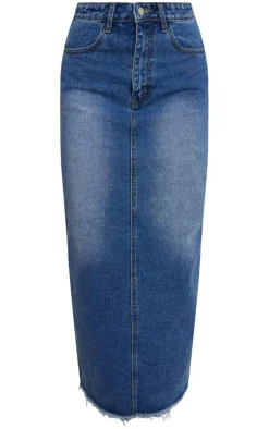 Mid Blue Wash Raw Hem Denim Maxi Skirt