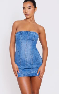 Seam Detail Bandeau Denim Mini Dress-PrettyLittleThing Hot