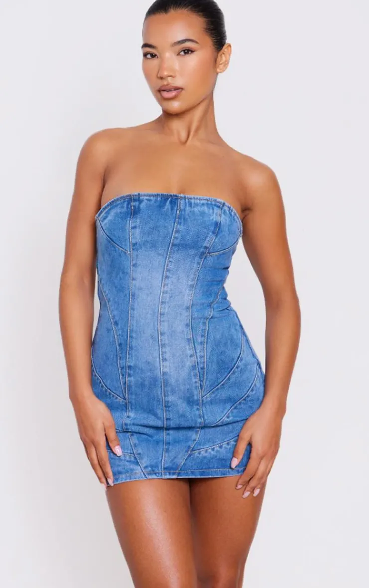 Seam Detail Bandeau Denim Mini Dress-PrettyLittleThing Hot