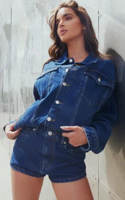 New PrettyLittleThing Seam Detail Pocket Detail Button Up Denim Jacket Mid Blue Wash