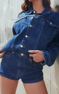 New PrettyLittleThing Seam Detail Pocket Detail Button Up Denim Jacket Mid Blue Wash
