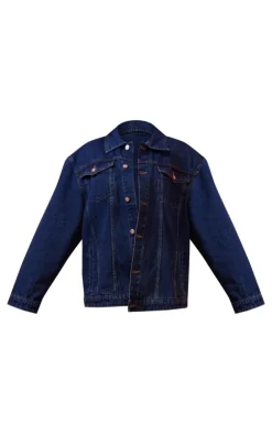 New PrettyLittleThing Seam Detail Pocket Detail Button Up Denim Jacket Mid Blue Wash