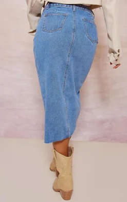 Mid Blue Wash Split Front Mid Rise Denim Midi Skirt