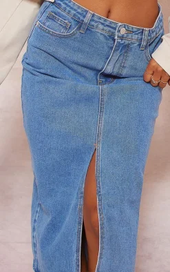 Mid Blue Wash Split Front Mid Rise Denim Midi Skirt