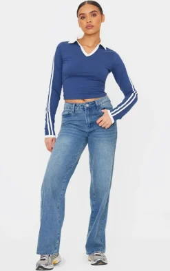 PrettyLittleThing Straight Leg Denim Jeans Mid Blue Wash
