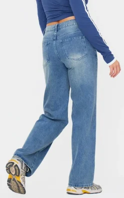 PrettyLittleThing Straight Leg Denim Jeans Mid Blue Wash