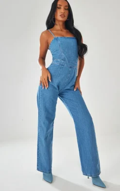 Strappy Back Detail Denim Jumpsuit-PrettyLittleThing Outlet