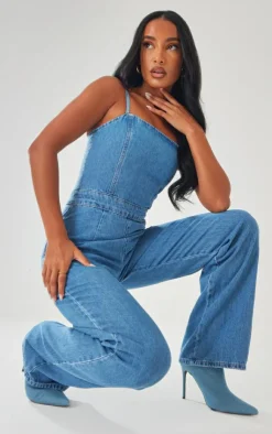 Strappy Back Detail Denim Jumpsuit-PrettyLittleThing Outlet