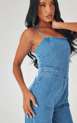 Strappy Back Detail Denim Jumpsuit-PrettyLittleThing Outlet