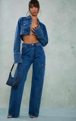 Discount PrettyLittleThing Thigh Zip Detail Straight Leg Jeans Mid Blue Wash