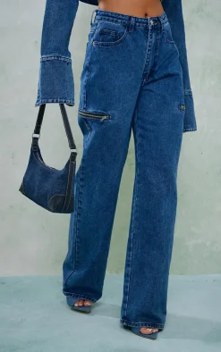 Discount PrettyLittleThing Thigh Zip Detail Straight Leg Jeans Mid Blue Wash