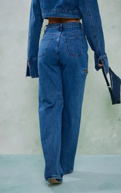 Discount PrettyLittleThing Thigh Zip Detail Straight Leg Jeans Mid Blue Wash