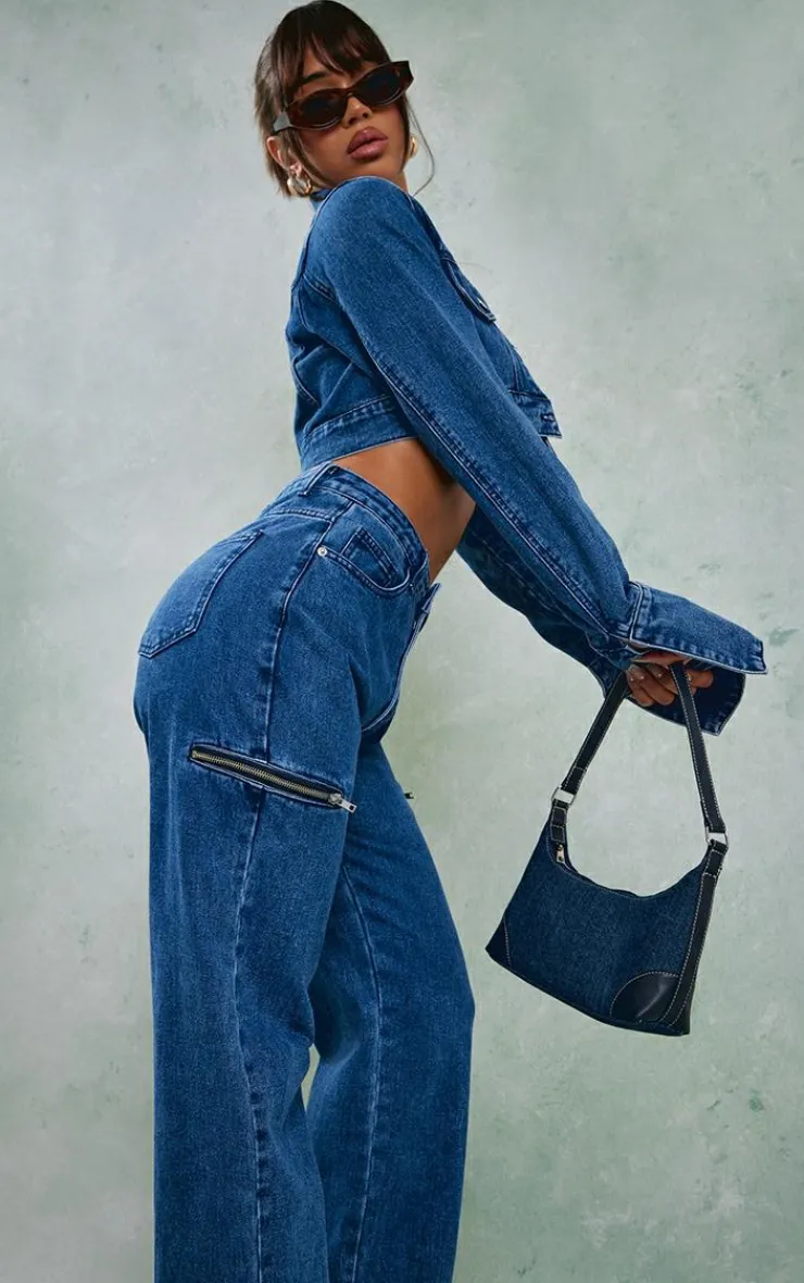 Discount PrettyLittleThing Thigh Zip Detail Straight Leg Jeans Mid Blue Wash