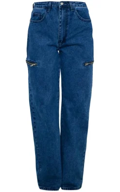 Discount PrettyLittleThing Thigh Zip Detail Straight Leg Jeans Mid Blue Wash