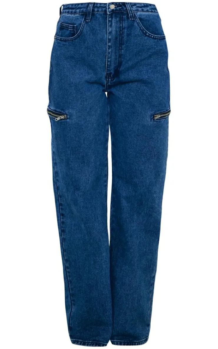 Discount PrettyLittleThing Thigh Zip Detail Straight Leg Jeans Mid Blue Wash