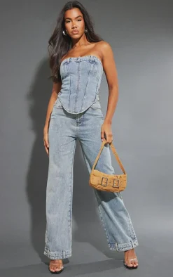 Online PrettyLittleThing Waistband Detail Hem Straight Leg Jeans Mid Blue Wash