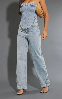 Online PrettyLittleThing Waistband Detail Hem Straight Leg Jeans Mid Blue Wash