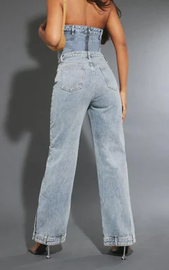 Online PrettyLittleThing Waistband Detail Hem Straight Leg Jeans Mid Blue Wash