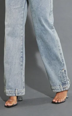 Online PrettyLittleThing Waistband Detail Hem Straight Leg Jeans Mid Blue Wash